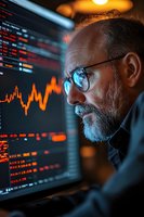 Senior Caucasian businessman with glasses and gray beard analyzing financial market data on computer screen with glowing orange stock charts in dark office.
