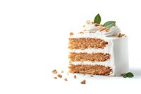 Slice of layered vanilla cake with white cream frosting, decorated with nuts and green leaves on white background, food photography for bakery menu.