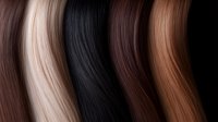 Flowing strands of natural hair colors from blonde to black arranged in waves showing different shades and textures against dark background for beauty and fashion design.