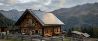 Rustic wooden cabin with metal roof nestled in alpine mountain valley surrounded by evergreen forest and dramatic peaks, ideal for travel and real estate.