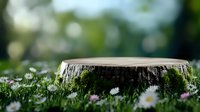 Tree stump surrounded by blooming daisies and wild grass in spring garden setting with soft bokeh background and natural sunlight creating magical mood.