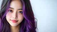 Young Asian woman with vibrant purple ombre hair smiling confidently against light background, showcasing modern hair coloring and styling trends in beauty industry.
