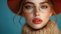 Young Caucasian woman with freckles wearing round glasses, red lipstick, and brown hat against turquoise background. Soft natural makeup and knit scarf create romantic mood.
