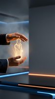 Businessman hands protecting glowing human figure hologram representing employee care, life insurance, and corporate responsibility in modern office.