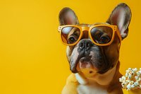 French bulldog wearing orange sunglasses against yellow background with popcorn, funny pet portrait for entertainment and movie night concept.