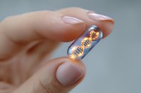 Glowing DNA helix molecule held between fingers with french manicure against blurred background, representing genetic research and biotechnology advancement.