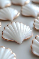 Elegant white porcelain shell-shaped dishes with delicate gold trim edges arranged on light surface, creating sophisticated coastal dining decor pattern.