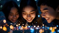 Young Asian friends sharing joyful moment together with glowing bokeh lights creating magical atmosphere. Genuine emotions and connection captured in night setting.