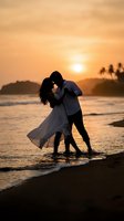 Romantic couple silhouette embracing on tropical beach at golden sunset with palm trees and ocean waves creating intimate honeymoon vacation moment.