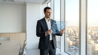 Professional businessman in dark suit holding tablet computer standing by office window overlooking city skyline during daytime for corporate presentations.
