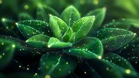 Fresh green succulent plant leaves with morning dew drops and bokeh light effects against dark background, macro nature photography showing intricate leaf details.