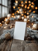 Blank white greeting card mockup with Christmas decorations, pine cones, fir branches on rustic wooden table with warm bokeh lights background.