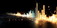 Glowing golden and blue vertical bars rising from dark surface with light particles and bokeh effect create futuristic data visualization background.