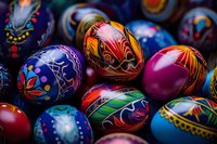 Colorful decorated Easter eggs with traditional folk art patterns and ornate designs in vibrant colors against dark background. Close-up macro photography.