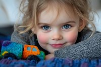Young blonde girl with blue eyes holding colorful knitted toy truck, cozy childhood play time with handmade toys for educational and family content.