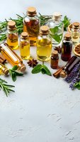Collection of essential oils in glass bottles with cork stoppers surrounded by fresh herbs including rosemary, mint and lavender on textured surface.