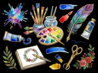 Art supplies clipart set isolated on transparent background, ready for T-shirts, stickers, print on demand, and sublimation designs.