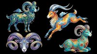 Ornate zodiac ram and goat characters with decorative horns and flowing manes isolated on transparent background. Ready for t-shirt design, clipart, stickers, sublimation and print-on-demand products.