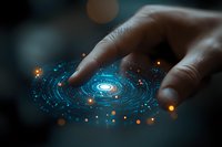 Futuristic digital technology concept with glowing blue circular interface and human hand interacting with holographic display, orange light particles.