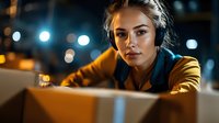 Young Caucasian woman warehouse worker in safety vest sorting packages at night shift with bokeh lights background for logistics industry concepts.