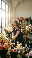 Florist woman arranging fresh cut flowers in studio with natural light from large window, holding colorful bouquet surrounded by roses, dahlias, and seasonal blooms for floral design work.