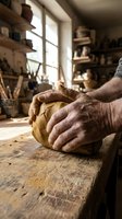 Skilled potter's weathered hands shaping clay in traditional ceramic workshop with natural sunlight streaming through windows creating warm artistic atmosphere.