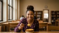 Young African American woman enjoying healthy meal in bright library or study space with wooden tables and natural window lighting.