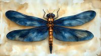 Majestic blue dragonfly with detailed wings spread against textured beige background, artistic nature illustration showing intricate wing patterns and segmented body.
