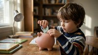 Young boy with light brown hair, Caucasian ethnicity, inserting coin into pink piggy bank at wooden desk. Educational financial literacy concept for children's savings and money management learning.