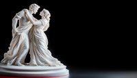 Classical white porcelain figurine showing romantic couple in period dress dancing gracefully on round base against dark background, elegant artistic sculpture.