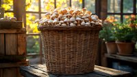 Wicker basket filled with fresh walnuts on rustic wooden table in cozy kitchen interior with warm natural lighting and potted plants in background.