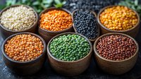 Colorful variety of raw lentils and legumes in wooden bowls. Healthy protein source including red, green, black and yellow pulses arranged in rustic setting.