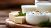 Fresh dairy products with creamy yogurt in glass bowls, white cheese blocks and milk on wooden cutting board with mint leaves for healthy breakfast.