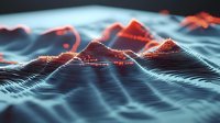 Abstract digital wave landscape with glowing orange peaks and blue valleys creating futuristic terrain visualization. Dynamic flowing lines suggest data or sound waves.