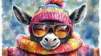 Cheerful donkey wearing pink winter hat, sunglasses and colorful scarf against blue bokeh background, watercolor style artwork showing happy smiling animal character.
