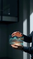 Businessman holding holographic data analytics display with glowing charts and graphs, representing financial growth, market analysis, and digital technology solutions for business intelligence.