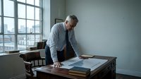 Middle-aged Caucasian male professional in business casual attire leaning over wooden desk reviewing architectural blueprints and documents in modern office with large windows overlooking cityscape.