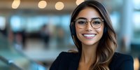 Young Asian businesswoman with glasses and bright smile wearing black blazer in modern office setting with bokeh background lighting effects.