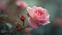 Delicate pink rose bloom with unopened bud on thorny stem against soft blurred background. Romantic floral photography for wedding invitations and greeting cards.