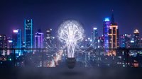 Glowing brain lightbulb with neural network connections floating above businessman hand against illuminated city skyline at night representing innovation.