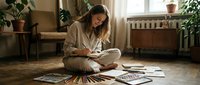 Young woman sitting cross-legged on wooden floor reading magazine surrounded by scattered publications in cozy plant-filled living room with natural sunlight.