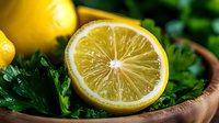 Fresh cut yellow lemon half with bright juicy pulp on wooden plate with green parsley leaves, macro food photography with selective focus.