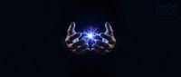 Two hands holding glowing blue energy orb with electric lightning effect on dark background for power, magic, technology concepts.