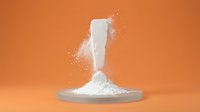 White powder explosion with exclamation mark shape on orange background for creative design projects and advertising campaigns.