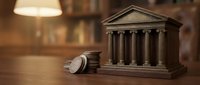Classical courthouse building with columns and gavel on wooden desk in warm office setting for legal services and justice concepts.