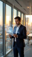 Professional businessman using digital tablet with holographic house projection in modern office during golden hour for real estate technology applications.