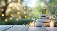 Zen spa composition with stacked stones, essential oil, burning candles and delicate purple flowers against soft bokeh background. Wellness and meditation concept.