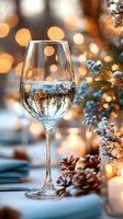Elegant wine glass with warm bokeh lights and festive decorations creating cozy holiday atmosphere for celebrations and seasonal dining experiences.