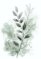 Delicate botanical line art branch with green leaves on soft watercolor background, minimalist nature illustration in sage green tones for wall decor and stationery.