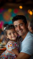Hispanic father and young daughter sharing tender moment at celebration party with colorful bokeh background. Genuine smiles and close bond shown in casual setting.
